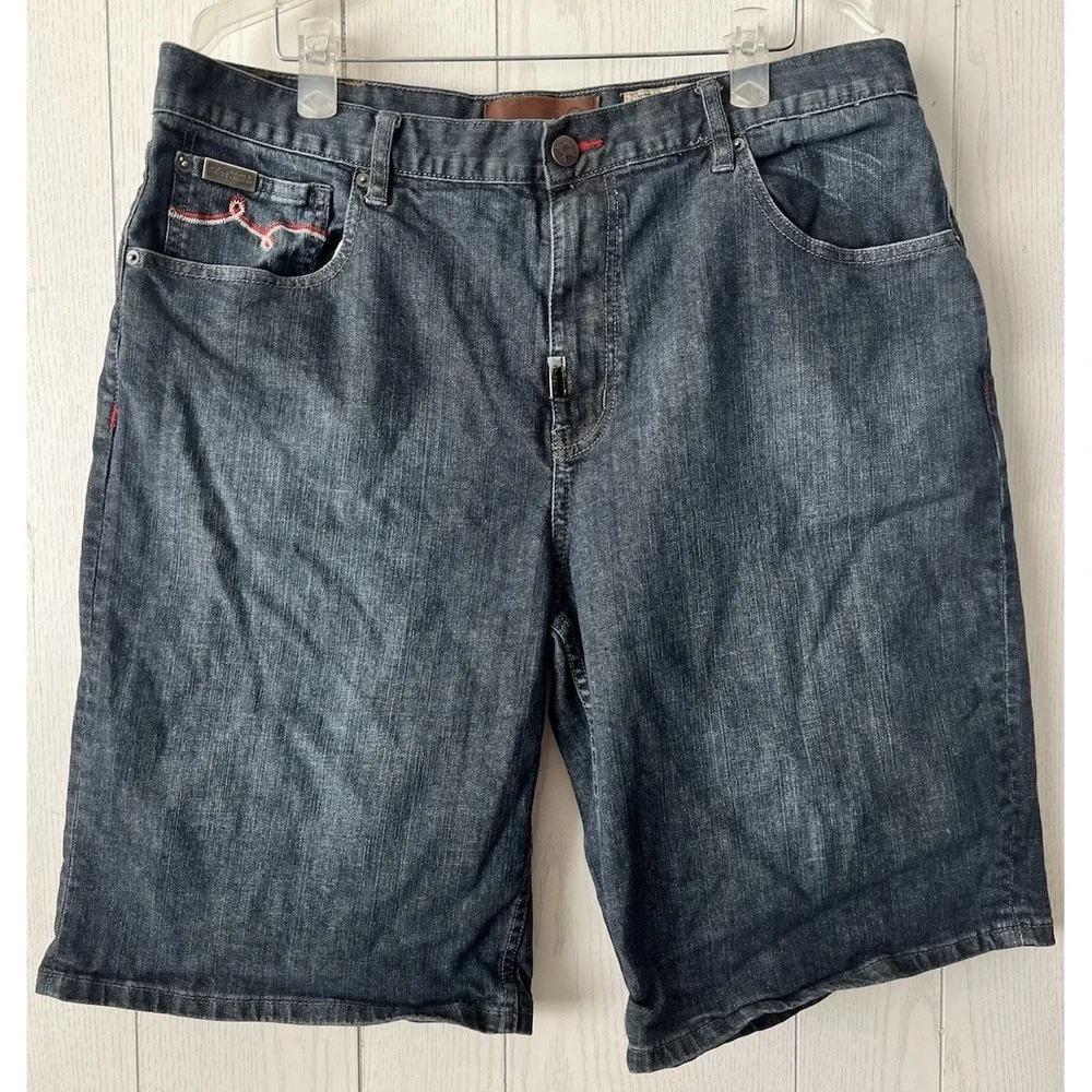 Vintage Y2K LRG Denim Shorts Mens 38 Baggy Embroidered Skater Hip Hop Jean Jorts